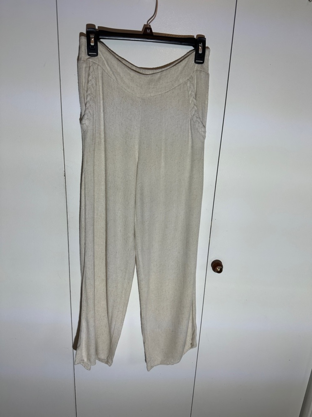 Women's Cream Wide-Leg Linen Knit Pants
